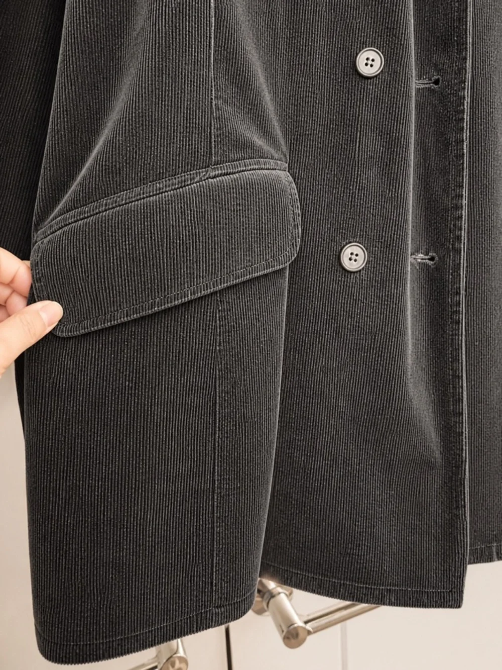 H&M Black Corduroy PeaCoat Double Breasted Longline Tailored Coat Size 12